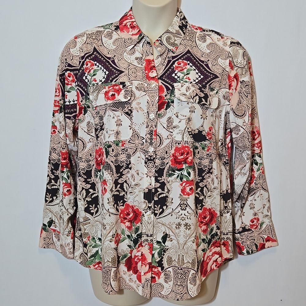 Chico's Floral Paisley Modal Button Up Shirt Size Large 12 / 14